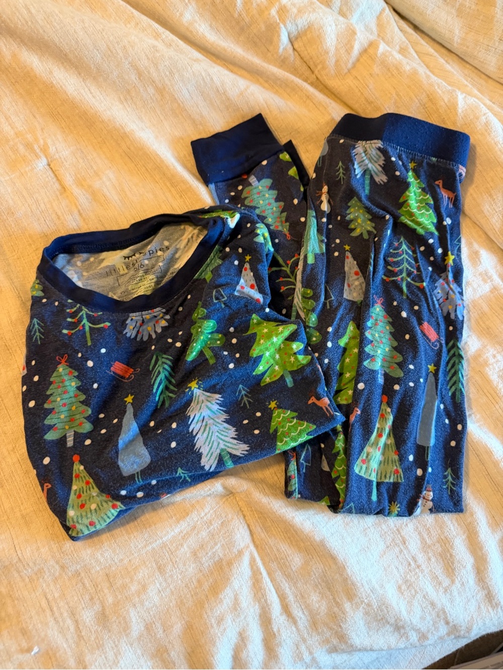Little Sleepies Navy Blue Holiday Tree Pajama Set with Green Accents - girls 5/6